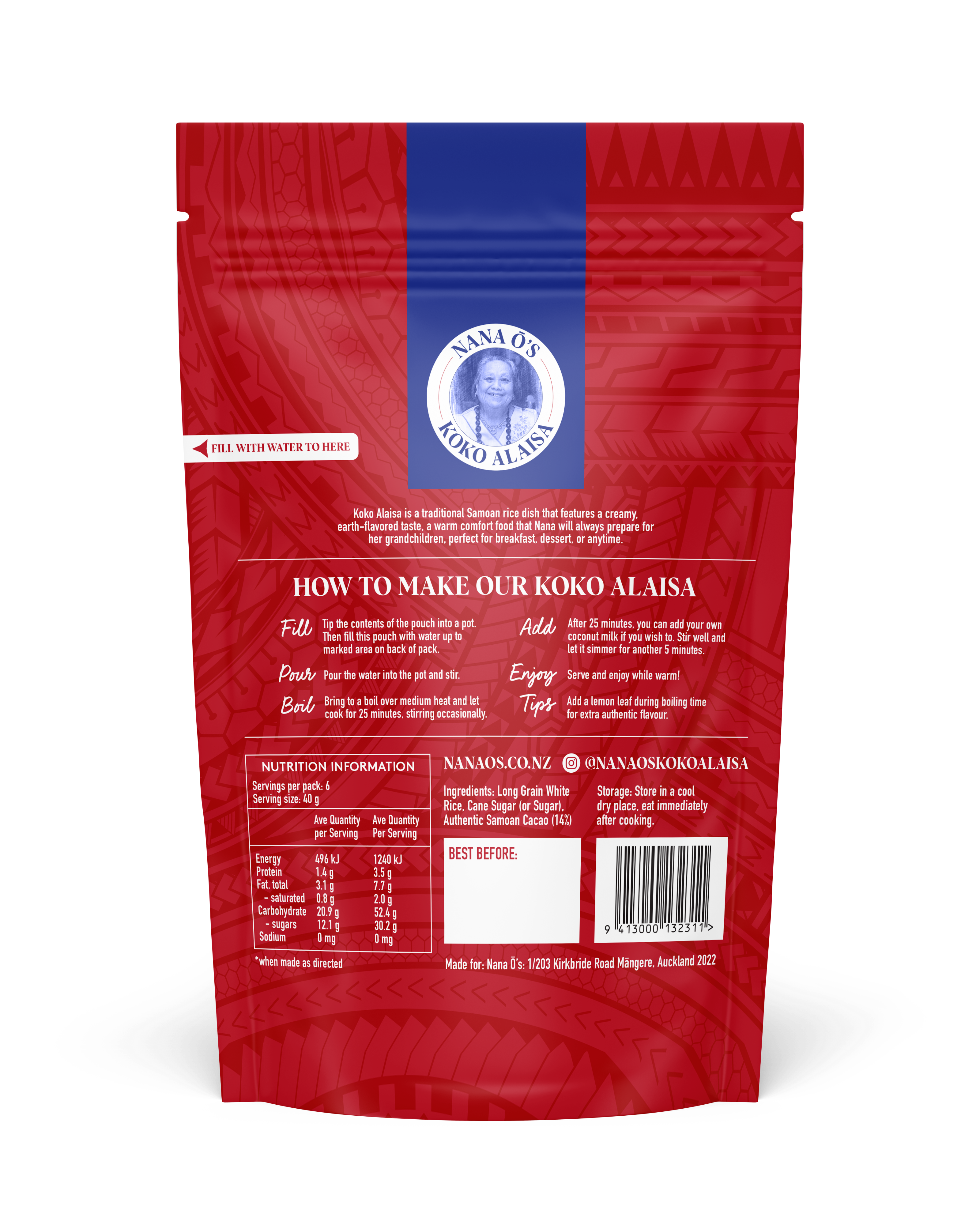Back of a 240g pack of Nana O's Koko Alaisa, in red and blue packaging with traditional Samoan design in the background.